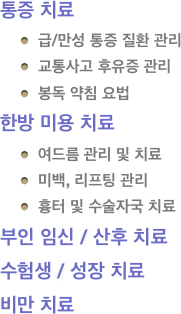 통증 치료
급/만성 통증 질환 관리
교통사고 후유증 관리
봉독 약침 요법
한방 미용 치료
여드름 관리 및 치료
미백, 리프팅 관리
흉터 및 수술자국 치료
부인 임신 / 산후 치료
수험생 / 성장 치료
비만 치료 